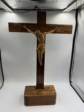 Vintage French Olive Wood Table Top Crucifix Croix Cross Religious Jesus Church