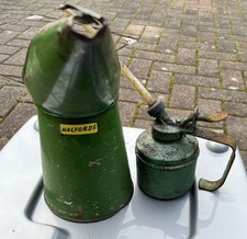 Two Vintage Oil Dispensers Different Types and Sizes One Has Halfords Logo