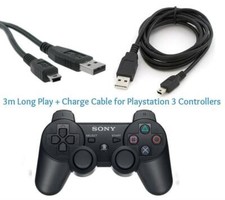 3M Long Play & Charge Cable for PS3 Controller GamePad Pad Charging Charger Lead