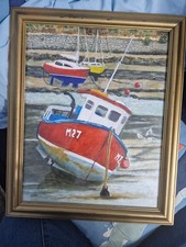  Oil Painting signed- Aberqwa Lower Fishguard Harbour  boat 32cmx40cm Framed.