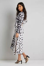 WALLIS Mono Spot Wrap Dress UK 8 Long Sleeve Black White Beige NEW With Tags