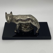 Silver Metal Wolf Figurine on Black Base Roman She-Wolf Style Vintage 10cm