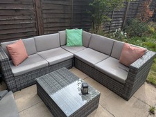Garden Furniture Corner Sofa Seating With Centre Table, Cushions And Parasol