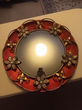 Retro Concave Wall Mirror Vinatge 1950s Fish Eye Dark Red Enamel And Brass Frame