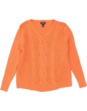 LANDS END Womens V-Neck Jumper Sweater UK 16 Large Orange Cotton BV64