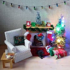 DOLLS HOUSE CHRISTMAS ROOM SET WITH LIGHT UP TREE, FIREPLACE, CHAIR ETC...