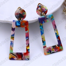CLIP ON BIG MULTI red blue EARRINGS resin SQUARE hoop 80s RETRO vintage style