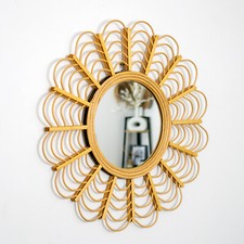 Rattan & Bamboo Wall Mirror 51x51cm Flower Petal Wooden Natural Boho Home Decor