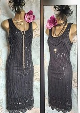 New Ariella Black beaded lace 20s Deco gatsby Flapper wedding evening dress 8 10