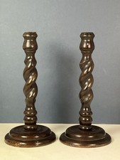 Pair of Small Vintage Barley Twist Barleytwist Dark Wood Wooden Candlesticks 26c
