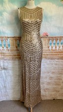 Evening Dress 12 Gold Sequin Quiz Long Ballgown Stretch Prom Art Deco Geo Maxi