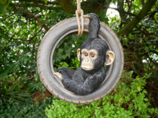 Hanging Monkey On Tyre Garden Ornament Statue Sculpture Resin Decoration