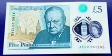£5 (Five Pounds) Polymer note Queen Elizabeth ll,  Bank of England, AE60 serial