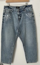 Tu Embroidered Light-Wash Denim Mom Jeans - Size UK 16S