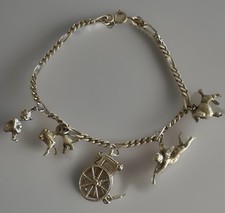Vintage Sterling Silver Charm Chain Bracelet 8” Carriage Lion Poodle Dog Cherub