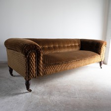 Antique Victorian Brown/Gold Velvet Button Backed Three Seater Chesterfield Sofa