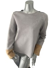 Zara Top Grey Faux Suede Fur Trim Sleeves Small