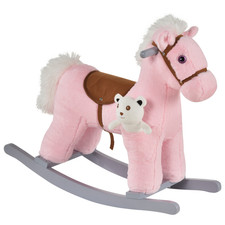 Pink Plush Rocking Horse with Sound Side Pocket Bear on Solid Wood Rocker Frame