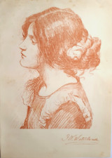 ORIGINAL 1896 JOHN WILLIAM WATERHOUSE  "HEAD OF A GIRL"  SIGNED AUTO-LITHOGRAPH