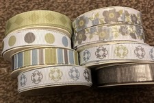 8 Rolls of Green Grey Blue Patterned Ribbon- We R Memory Keepers