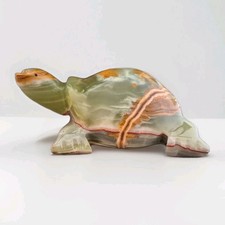 Vintage Hand Carved Green Brown Onyx Large Turtle Sculpture Paper Weight