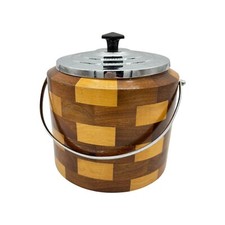 Vintage Mid-Century Checked Wooden Ice Bucket Biscuit Barrel with Lid & Handle