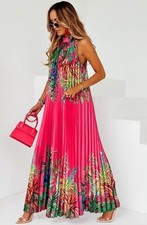 Women’s Tropical Pleated Maxi Dress – Tie Neck Halter Summer Beach Holiday Dress
