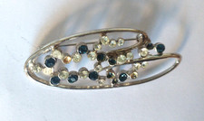 Vintage Austria Oval Silver Tone Brooch with Small White & Blue Glass Stones