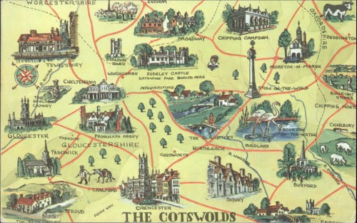 Vintage cotswolds map postcard - map,