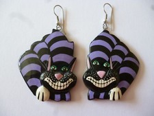 Pair Drop Dangle Vintage Cartoon Earrings: Black and Purple Cheshire Cat