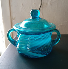 Vintage Handmade Blue Swirl Glass Trinket Box Hand Blown Art Pot Quirky Unique