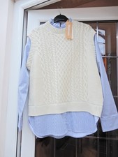 "WOOLOVERS " CREAM ARAN KNITTED VEST  WITH BLUE STRIPED SHIRT  LARGE   BNWT