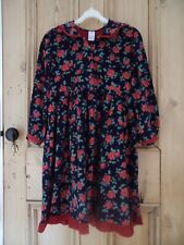 Vintage 90s BHS Girls Age 9 Needlecord Dress Navy Blue & Red Floral Long Sleeve