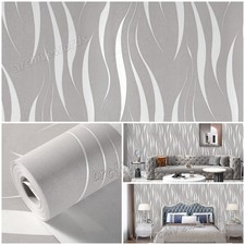 White Grey Embossed Textured Feature Wallpaper Wave Stripe Thick Wall Paper 1-6X