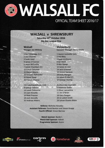 Teamsheet walsall v - teamsheet,