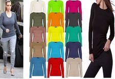 Womens Long Sleeve Ladies Stretch Plain Round Scoop Neck T Shirt Top Plus 8-26