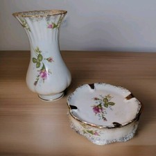 Chodziez Poland China 6" Vase & Ashtray - White, Gold Trimmed, Pink Rose