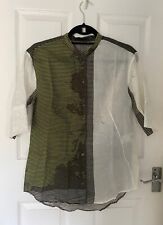 Vintage Jil Sander Collarless Shirt, half striped, Green & Cream. Size XS