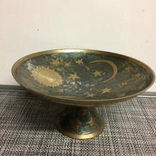 Vintage Brass Pedestal Dish Trinket Bowl Celestial Sun Moon Stars Enamel