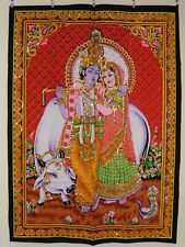 Hindu God Radha Krishna with Cow Sequined Indian Wall Hanging 80 x 110 cm