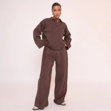 Women's Chocolate Brown Oversized Lounge Set Cozy Pullover Top & Wide-Leg Pants