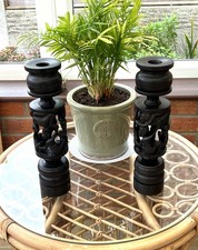 Vintage Pair Of Ebony Hard Wood Hand Carved African Candlesticks~Super Detail