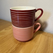 2x White Stuff Stackable Striped Mugs Pink 7cm Tall, 9cm Diameter
