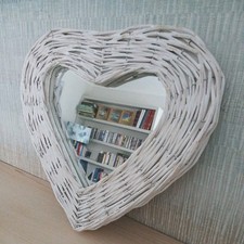 White Wicker Heart Shaped Mirror Shabby Chic/Cottage Core 37cm x 33cm