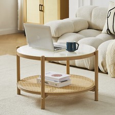 Boho Rattan Coffee Table 2 Tier Tea Table Sofa Side Round Glass Living Room