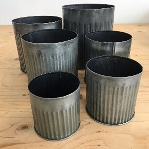 Tin plant pot round - tin, ribbed
