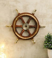 Brass Six Spoke Ship 18'' Wheel Wooden Stripe Steering Captain Boat Pirate Brown