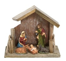 15cm Wooden Nativity Scene Set with 5 Resin Figurines, Christmas Crib Decoration
