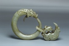 Chinese Antique Old Hetian Jade Hand-Carved Dragon Phoenix Statues