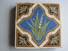 ANTIQUE VICTORIAN MINTON 6"  GLAZED ENCAUSTIC TILE - LILY OF THE VALLEY C1835-45